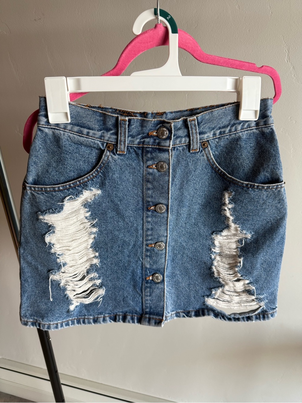 United Colors Of Benetton Blue Distressed Button-Front Denim Mini Skirt